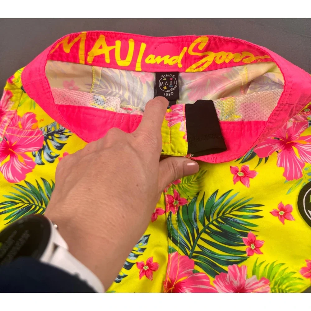 Maui and Sons Kids Neon Yellow Pink Floral Board Shorts Swim Trunks Size S‎ 7/8